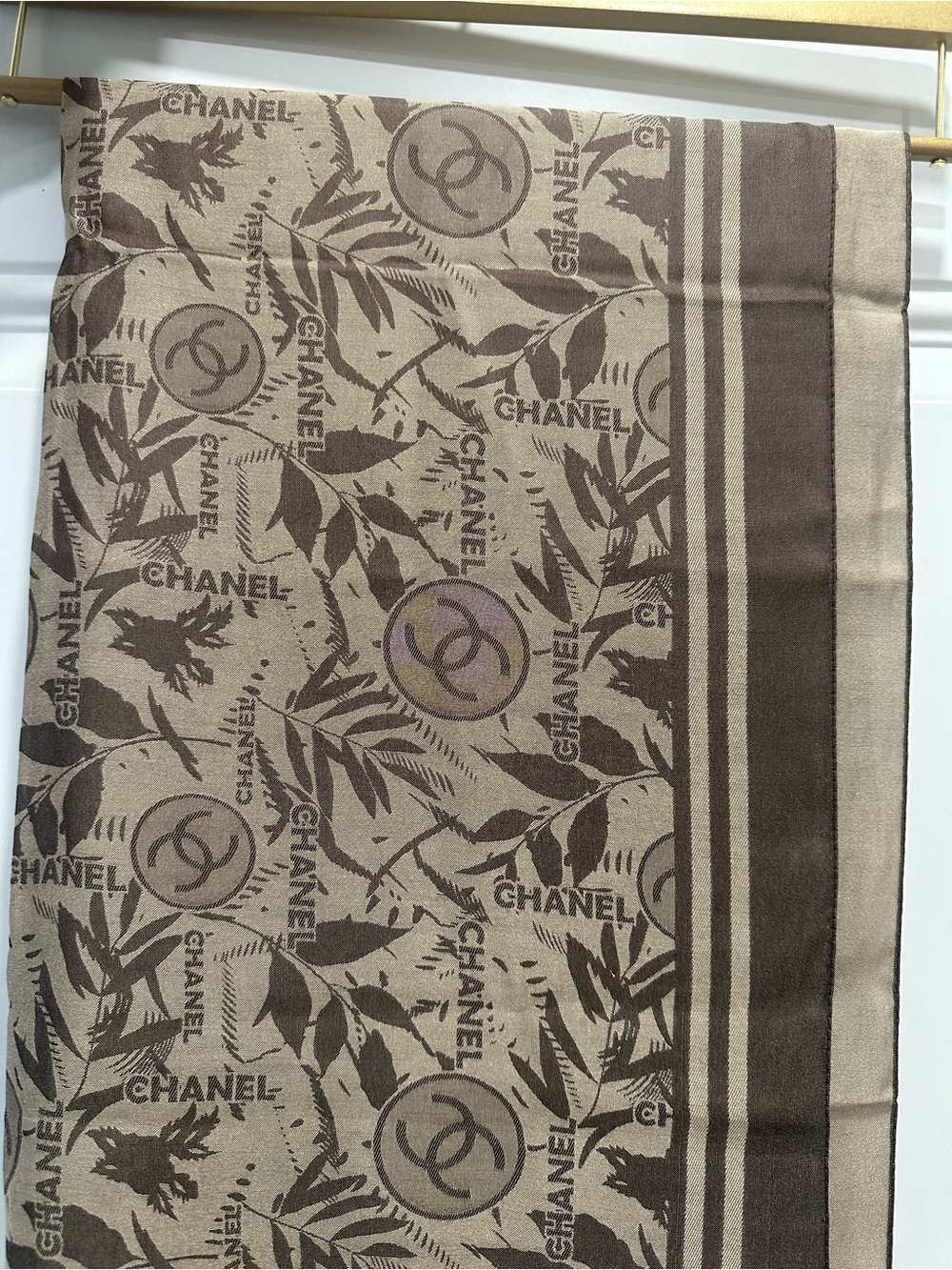 New CC brown cream cashmere silk scarf 46” x 46”
